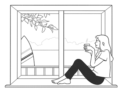 girl by the window black and white cartoon character character design chill chillout coffee comic drawing girl home illustration line minimal monochrome product design summer ui ux web design