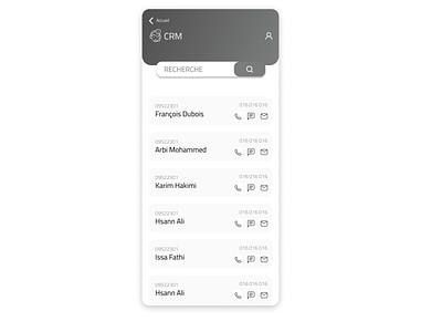 CRM mobile screen app black branding crm design grey mobile app mobile design tunisia ui ux