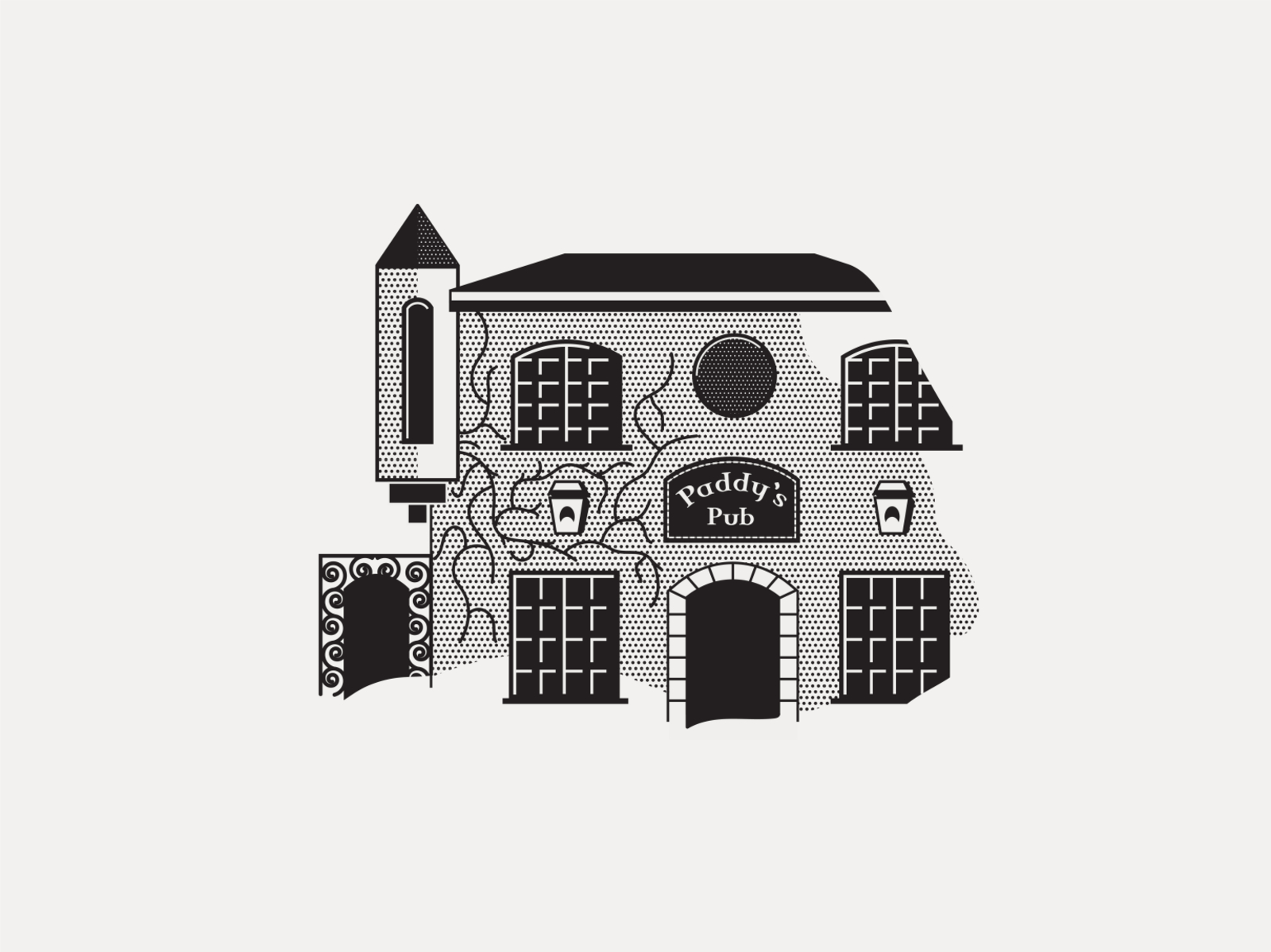 ---18/52--- Paddy’s Pub black and white design dive bar halftone illustration industrial irish monoline pub retro vector