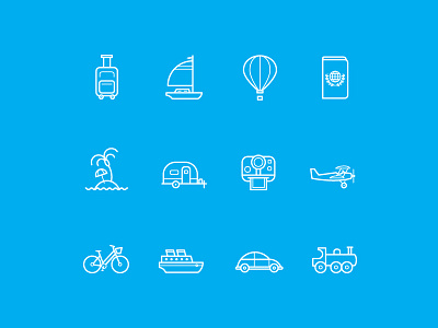 Icon set air stream airplane balloon bicycle camera camper island passport polaroid sail boat ship suitcase