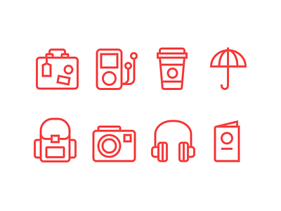 Travel backpack camera coffee headphones icon passport