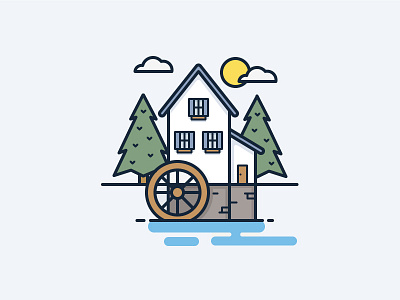 Watermill daily challenge house icon lake ocean outline river tree vector water
