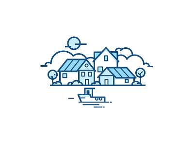 Fishing Village boat daily challenge fishing house icon lake ocean outline river tree vector water