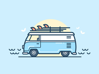 Surf Van auto bird board car daily challenge icon ocean sun van vector water