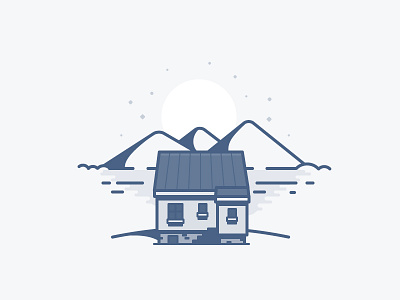 Cabin house icon illustration lake moon mountains stars vector