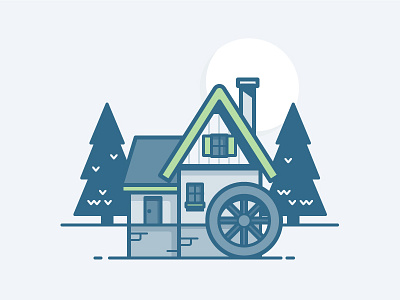 Watermill building house icon illustration moon tree vector