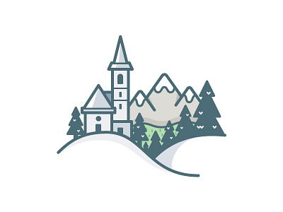 Countryside church icon illustration landscape mountain tree vector