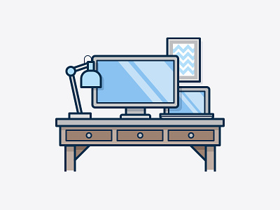 Desktop computer desk icon illustration lamp laptop vector