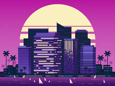 Synthwave 1980s building cityscape icon illustration lights retro skyline vector