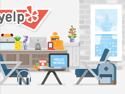 Yelp Lobby backpack building cityscape coffee computer headphones illustration laptop office product design san francisco skyline