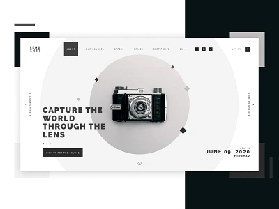 Lens - Photography Course blackandwhite branding dark dark theme dark ui design figma minimal ui ux web