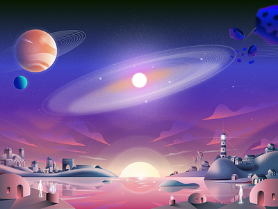Distant Worlds artwork colors design gradient illustration landing page landscape milkyway planets space universe vector