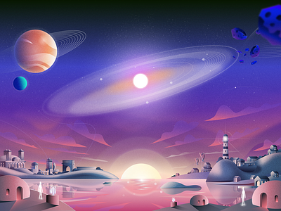 Distant Worlds artwork colors design gradient illustration landing page landscape milkyway planets space universe vector