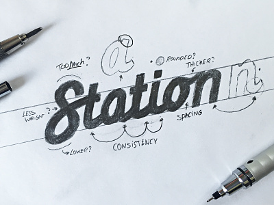 Sketching a "Station" iteration brush calligraphy font hand drawn hand lettering logo logotype pencil sketch type typeface typography
