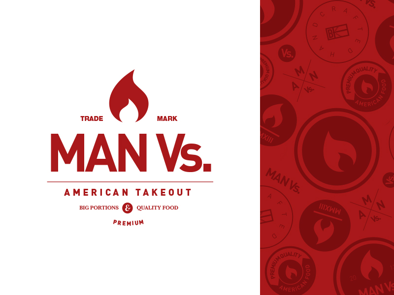 Man Vs american badge brand branding collage crest food icons patch restaurant usa wordmark