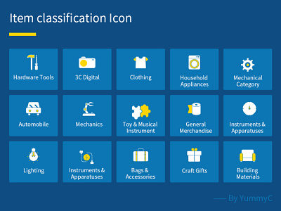 A group of item classification icons blue brand icon illustration logo ui yellow