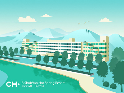 Hot Spring Resort building green hot spring hotel illustration resort scenery spot tree