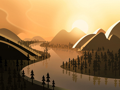 Sunset draw illustration mountain river scenery ui yellow