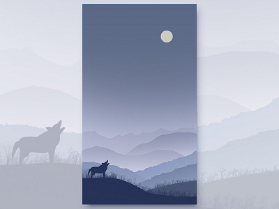 Landscape Illustration blue fog illustration landscape illustration moon mountain night scenery violet wolf howl woof