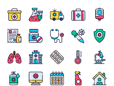 Medical and corona virus outline colored icons 1 ambulance branding coronavirus design first aid kit graphic design hand wash iconset illustration isons line art logo medical microscope sanitize stayhome thermometer ui ux vector