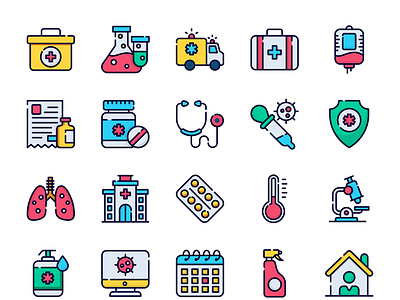 Medical and corona virus outline colored icons 1 ambulance branding coronavirus design first aid kit graphic design hand wash iconset illustration isons line art logo medical microscope sanitize stayhome thermometer ui ux vector