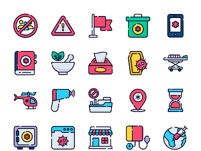 Medical and corona virus outline colored icons 3 branding coffine crowd not allowed design graphic design herbal medicine iconset illustration isons location logo medical medical app medical book thermometer ui ux vaccination vector warning