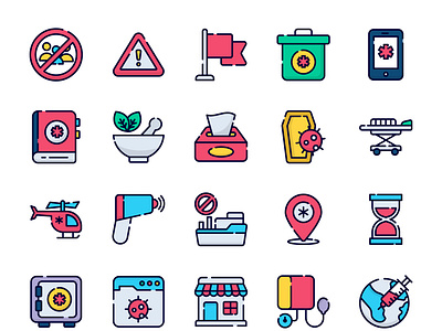 Medical and corona virus outline colored icons 3 branding coffine crowd not allowed design graphic design herbal medicine iconset illustration isons location logo medical medical app medical book thermometer ui ux vaccination vector warning