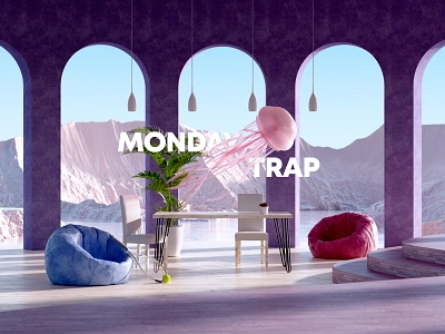 Monday Trap 3d architecture background c4d cinema4d color composition design interior landscape lighting modern motiondesign octane pink realistic render space typography ui