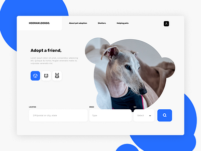 Website design | Adopt a friend adopt animal and pet blue branding design design agency dog minimal search bar search engine ui ux web webdesign website