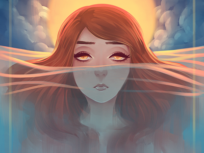 Lady of the Water blue digital art illustration orange portrait sunset water