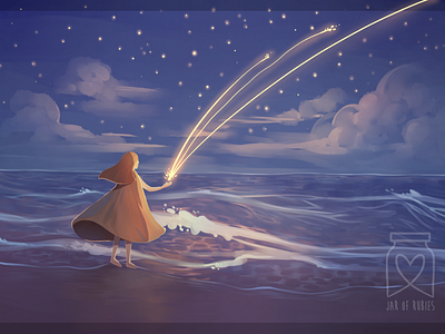 Lights Over Sea beach digital art fantasy illustration night ocean sea