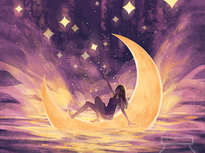 Starry Night digital art fantasy illustration moon purple stars yellow