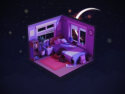Lonely Friday Night 3d 3d illustration design illustration isometric isometric design isometric illustration lowpoly moon room