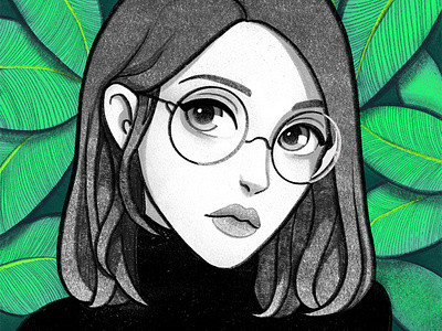 new userpic girl glasse grayscale green leaves pencil portrait