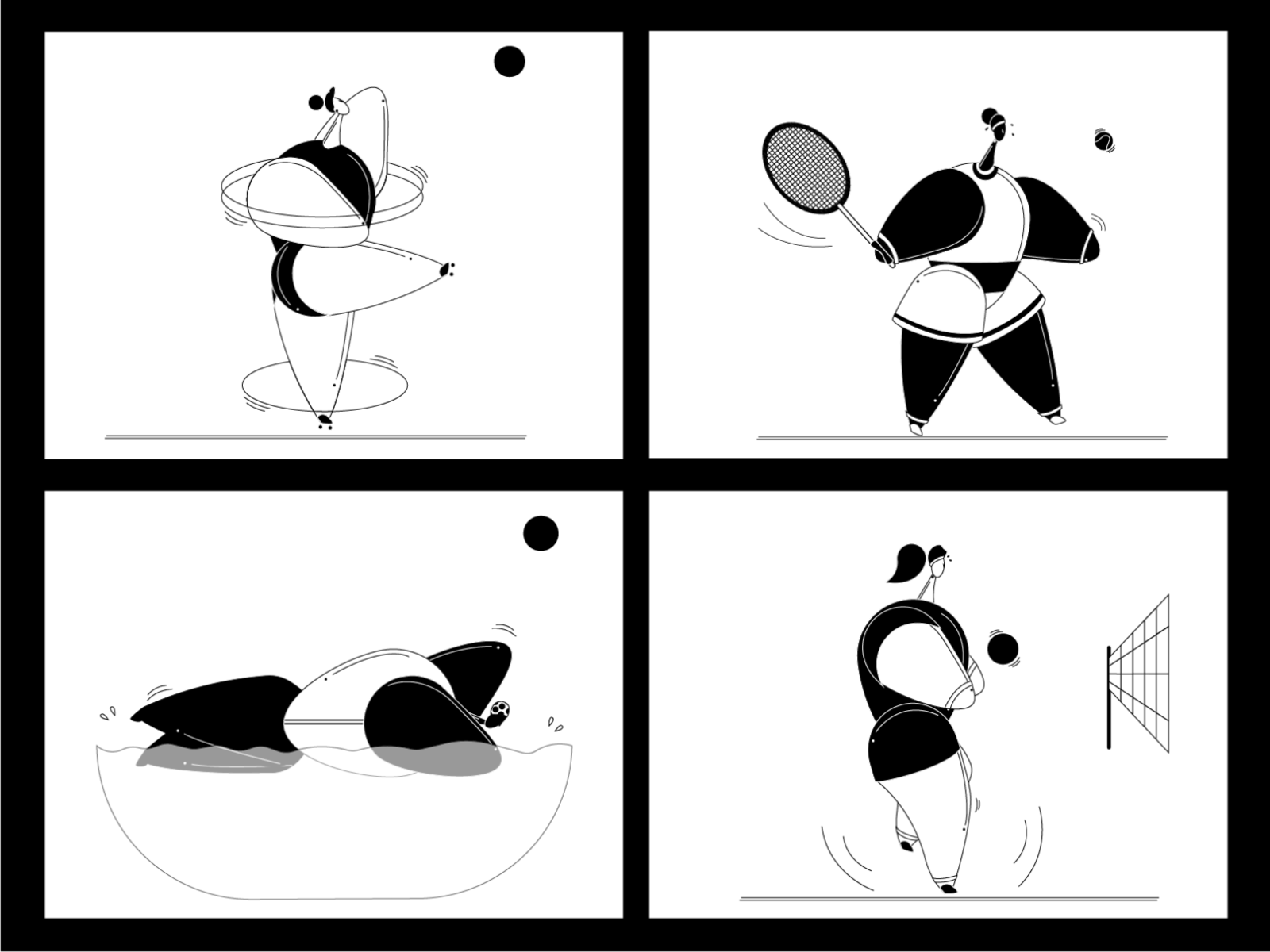 B&W Sports 2 ball blackandwhite body parts character character design design flat human body illustration illustrator minimal rollerskate sport swimming tennis vector volleyball