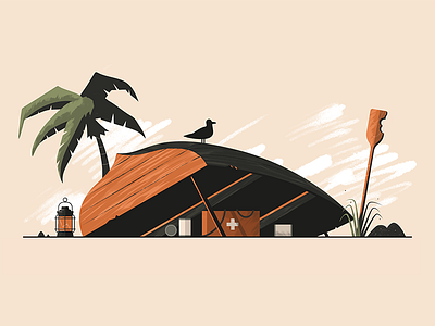 SOS beach boat emergency illustration island orange palm seagull tree