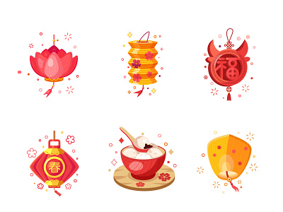 The Lantern Festival cattle cherry blossoms design festival flat illustration lantern lanterns soup spoon ui