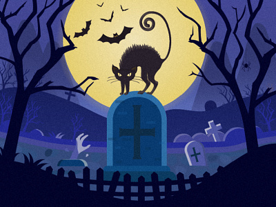 Cat guarding the grave bat cat cemetery flat forest grave helloween horror illustration moon