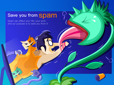 Save you from spam chomper computer email flat flower illustration man office salvation spam