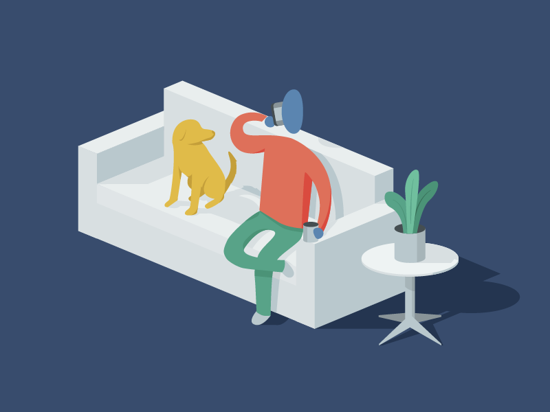 "Hey... Give me some of your coffee, guy." isometric illustration dude plant dog couch