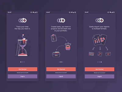 Time Tracker - Onboarding Screens - Illustrations app dark dark mode dark theme dark ui illustration mobile mobile ui mobileapp time time tracker timetracker track ux uxui