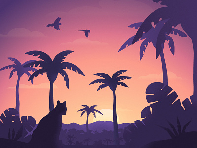 Jungle Cat illustration jungle palm tree parrot sunset tropical