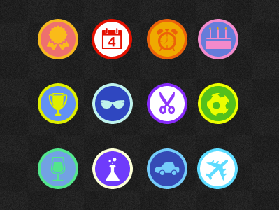 Badges achievemets. photoshop badges glasses icons orange red ribbon yellow