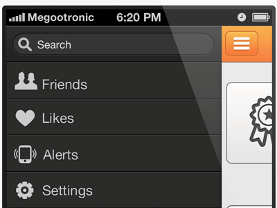 It's_Coming_2 black circletie drawer friends grey icon ios iphone likes megootronic navigation orange photoshop settings sidebar ui