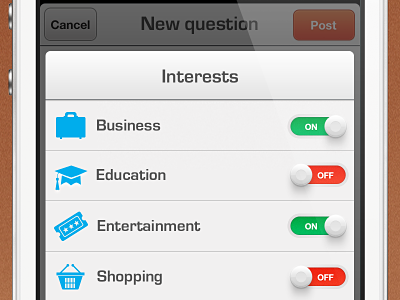 Interests asknative green grey icons interests ios photoshop red toggles ui