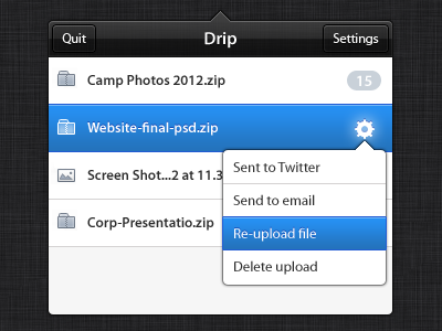 Drip UI app black blue dark drip mac popover selected state user interface