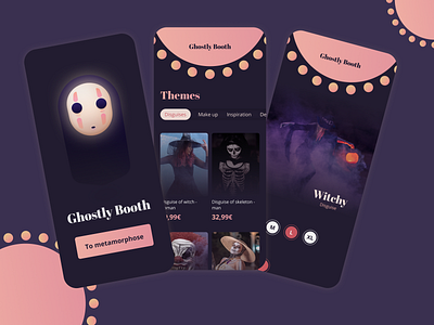 Mobile app - Halloween disguises circles dark mode disguises ghosts gradient halloween halloween design orange purple tags themes witch