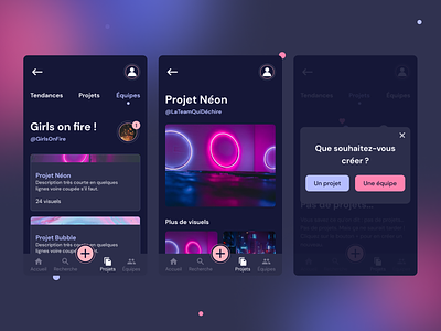 Mobile app - Graphic monitoring application dark mode discovering glow mobile modale neon pink project purple team trend