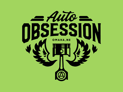 Auto Obsession Logo auto car flames green hot rod identity lime green logo obsession piston repair wings