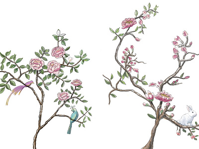 Floral Illustration with Animals birds degournay digital illustration feminine floral flowers freelance illustrator illustration pink plants trees